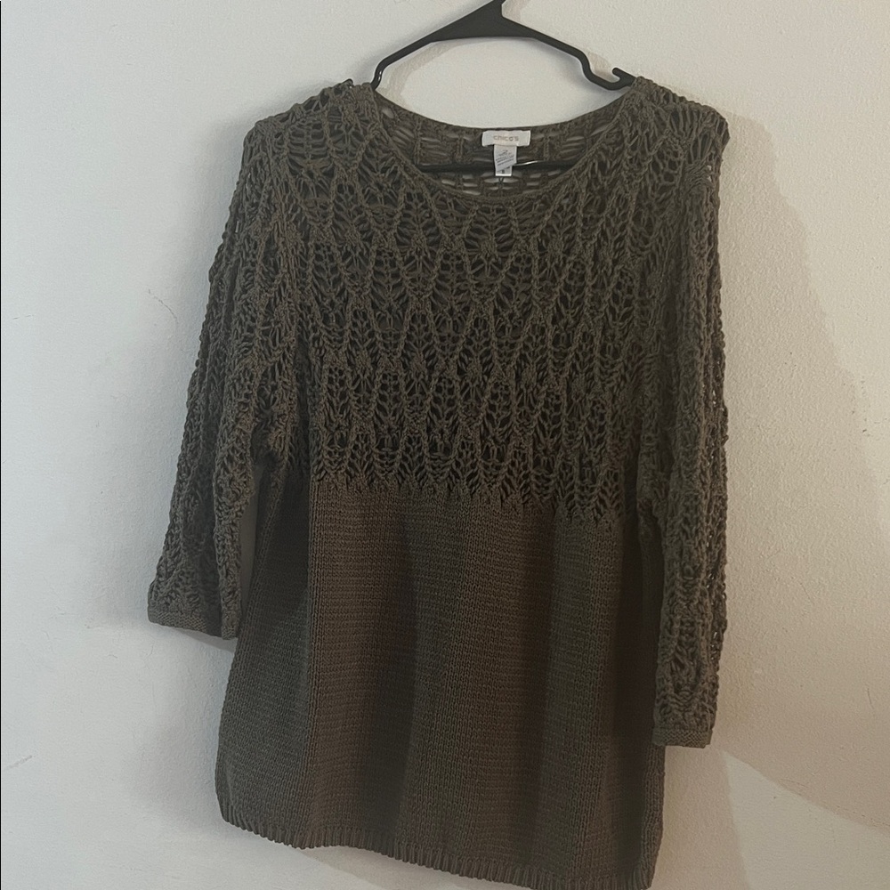 Chico's Olive Green Crochet Yoke Scoop Neck Sweater